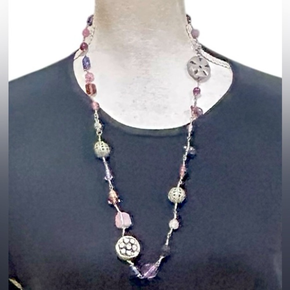 Vintage multi shape Silver tone and Purple Beaded Necklace adjustable ribbon tie
